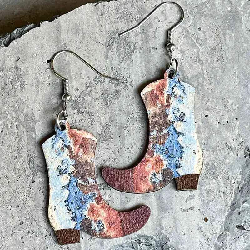 Cowboy Boots Wooden Dangle Earrings