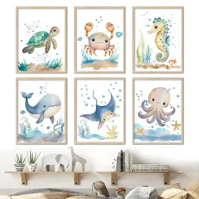 Cute Ocean Animals Seahorse Turtle Octopus Wall Sticker For Nursery Room Removable Peel & Stick PVC Wall Decals For Creative Kid's Room Decor