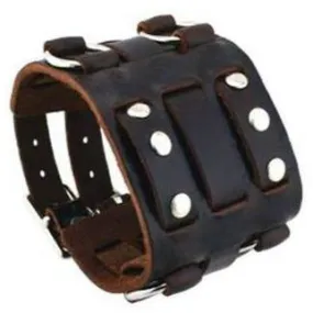 Double Ring Bullet Black Leather Triple Strap Cuff DWB