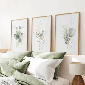 Green Watercolor Botanical Herbal Wall Art Set of 3 Prints