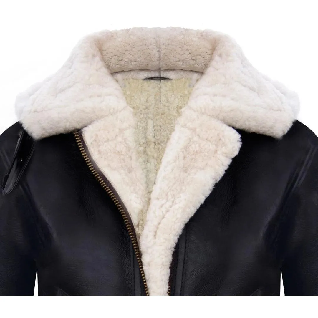 Ladies Aviator White Brown Hooded Real Shearling Sheepskin Leather Jacket