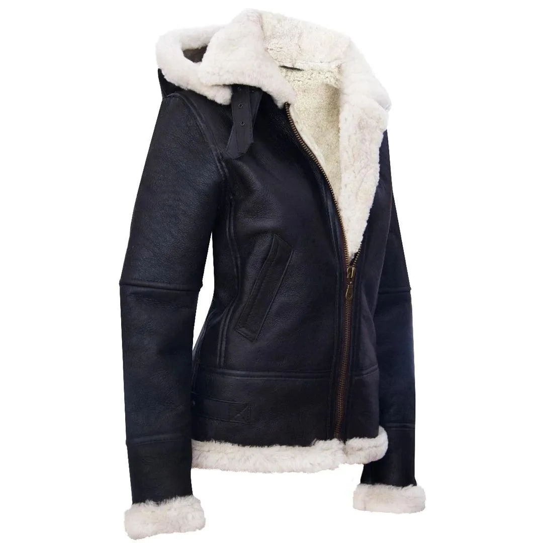 Ladies Aviator White Brown Hooded Real Shearling Sheepskin Leather Jacket