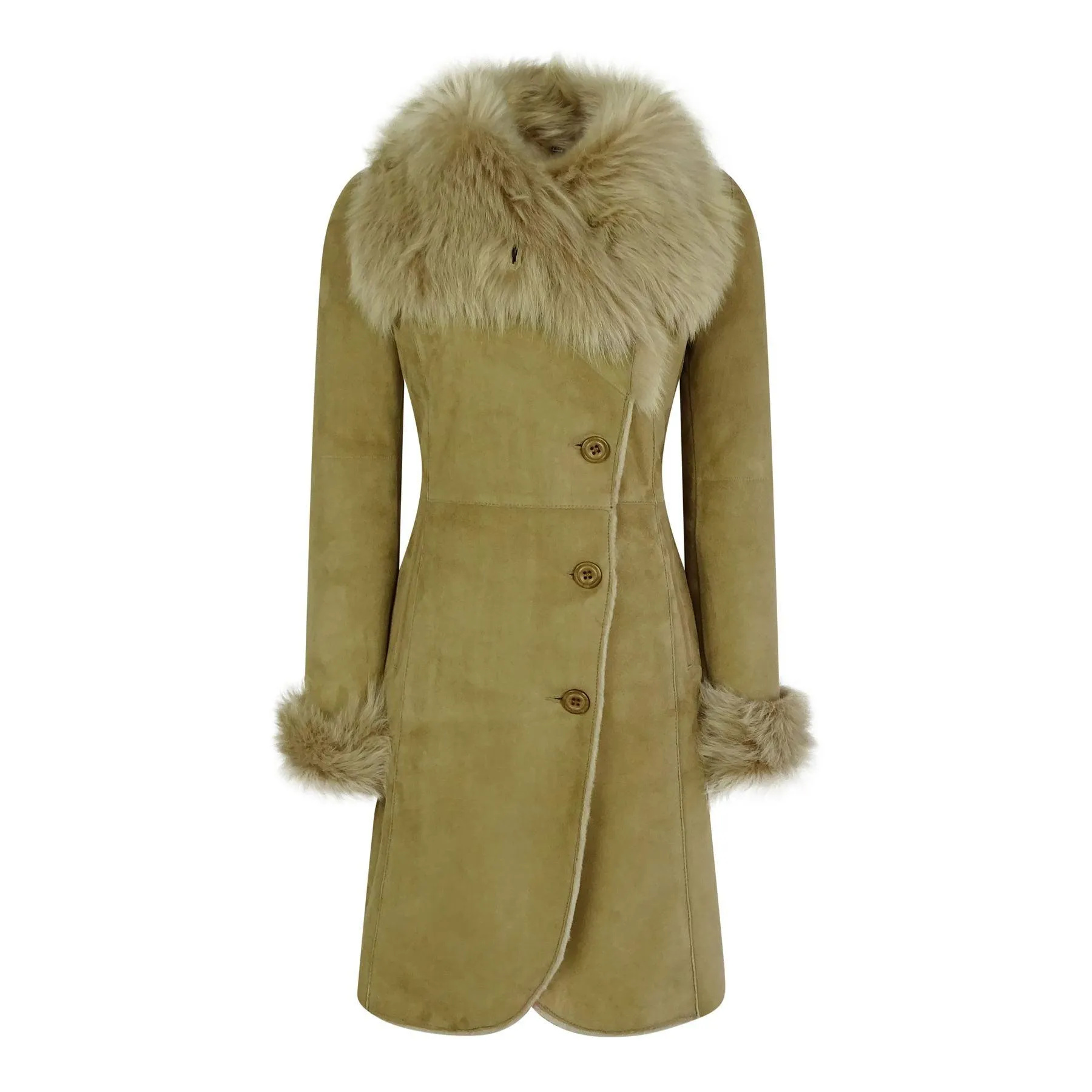 Ladies Real Sheepskin Jacket Suede Button Tailored Fit 3/4 Long Trench Coat Italian