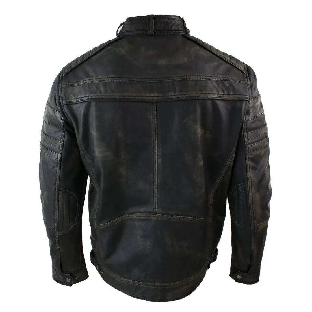 Mens Black Brown Vintage Biker Real Leather Jacket Distressed Zipped Casual