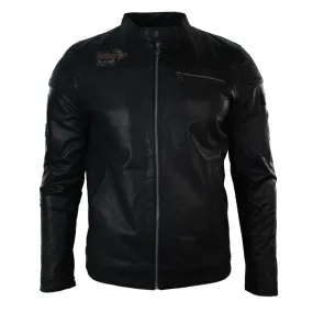 Mens Black Slim Fit Retro Vintage Casual Real Leather Biker Style Jacket Badges