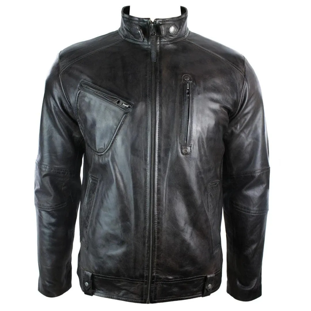 Mens Real Leather Biker Jacket Vintage Dark Brown Zipped Funky Retro Casual