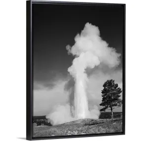 "1960's Old Faithful Geyser Erupting Yellowstone National Park" Black Float Frame Canvas Art