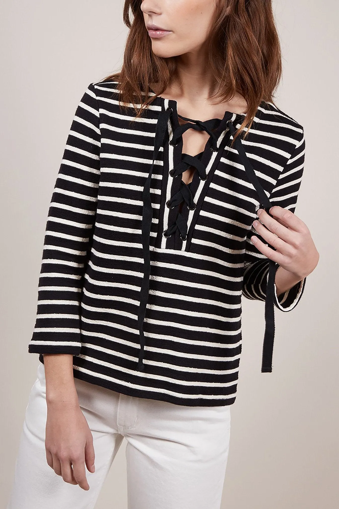 Striped 3/4 Length Sleeve Lace Front Top in Black and White