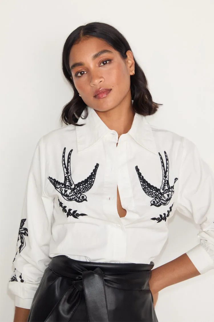 White Embroidered Swallow Shirt